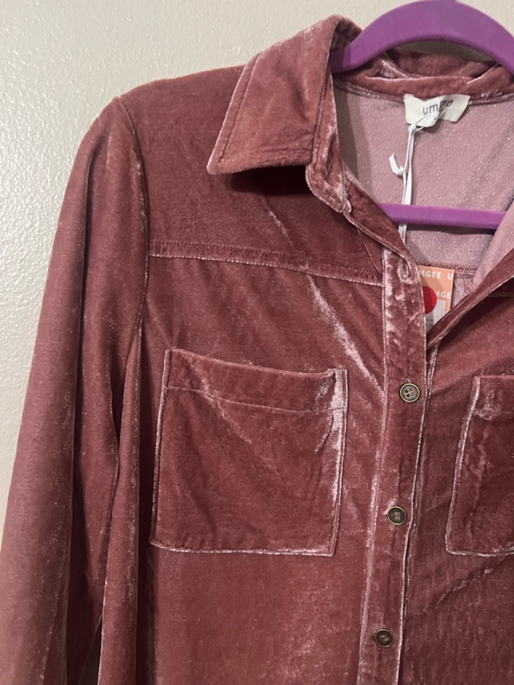 Umgee Dusty Rose Velvet Button-Up Long Sleeve - Picture 2 of 6